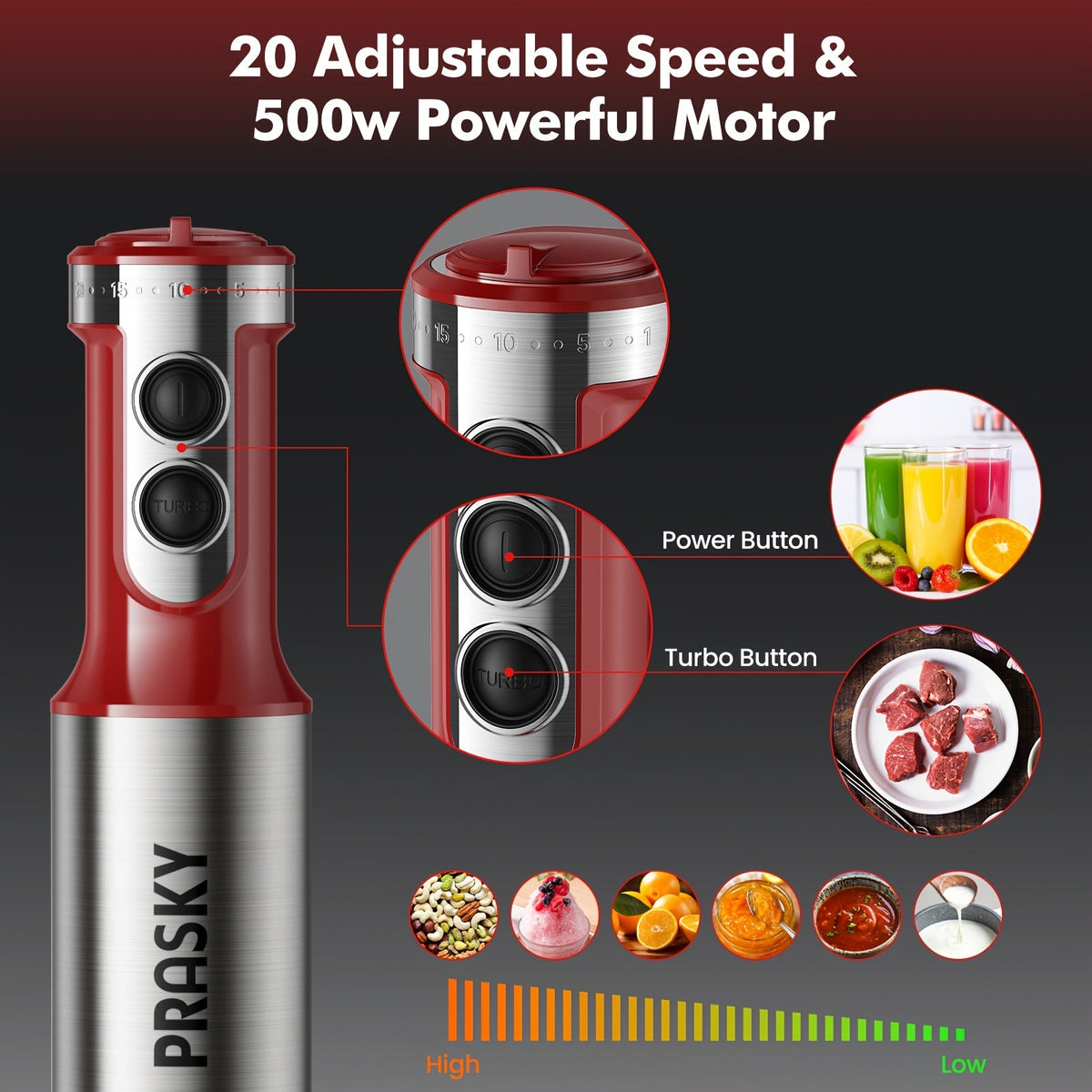 5-in-1 Handheld Immersion Blender - Whisk, Measuring Cups & Meat Chopper Attachments, Heavy-Duty Motor - Kitchen Essential - Red & Black