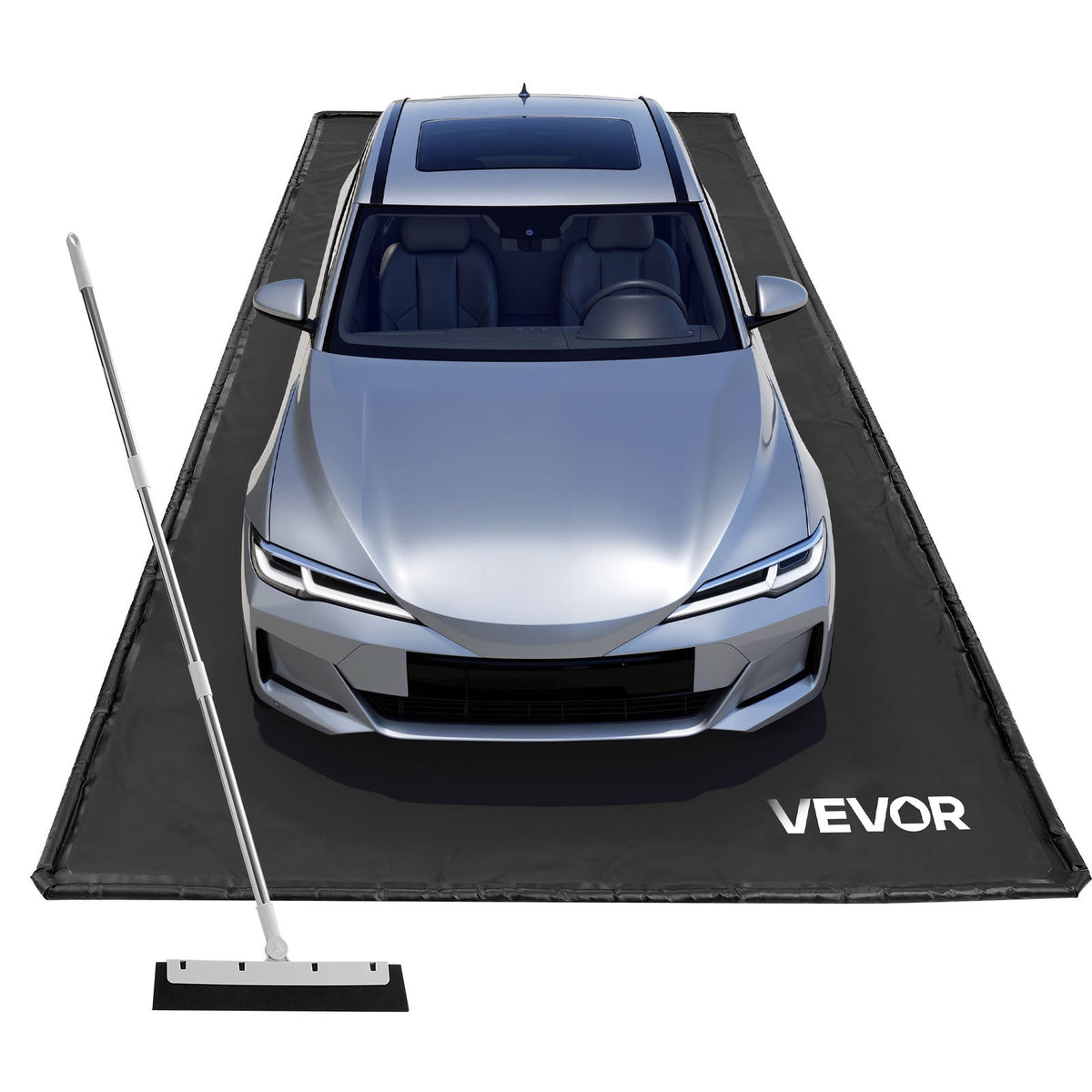 Garage Floor Containment Mat, 7 Ft 9 In x 18 Ft, PVC Non-Slip Waterproof, 30mm Raised Thickened Edge, Squeegee Included, Hook & Loop Tape, Protection from Snow, Rain & Mud, for Car Parking, Black