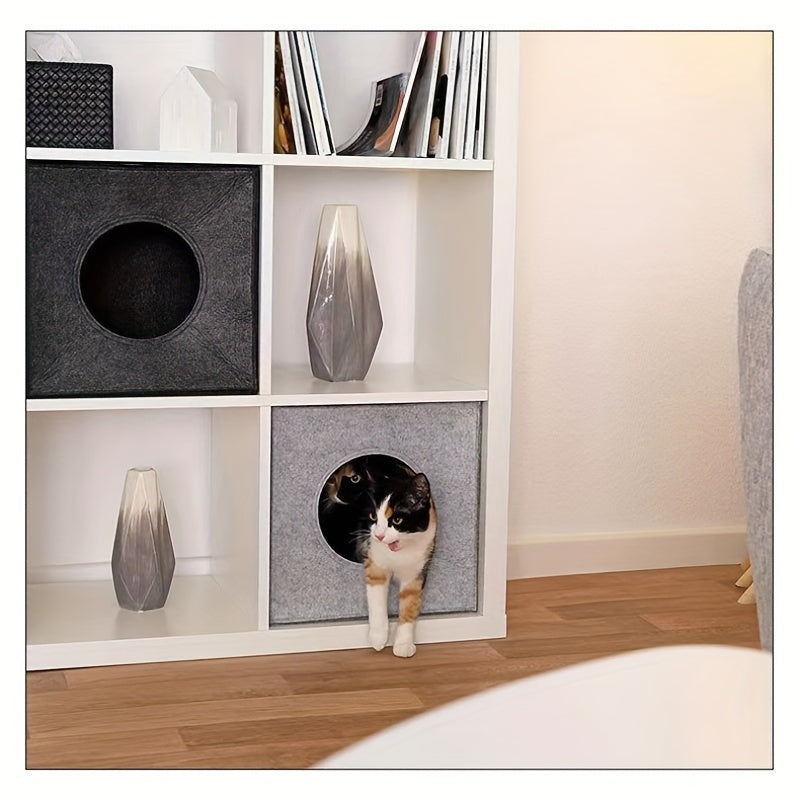 方形毛毡猫窝 可折叠可机洗 – 3mm加厚半封闭猫屋，不塌陷，四季通用室内猫咪睡眠玩耍洞穴，13x14.5x13英寸，深灰色和浅灰色