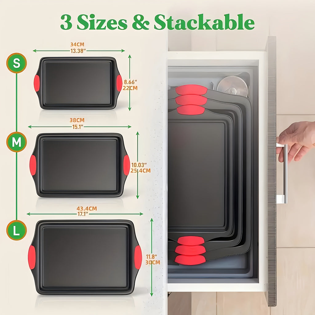 Carbon Steel Non-Stick Baking Pan Set 3-Piece – Commercial Restaurant Grade Oven Safe Bakeware with Red Silicone Handle, Double-Sided Coating Sheet Pan, Cookie Tray, and Roasting Pan