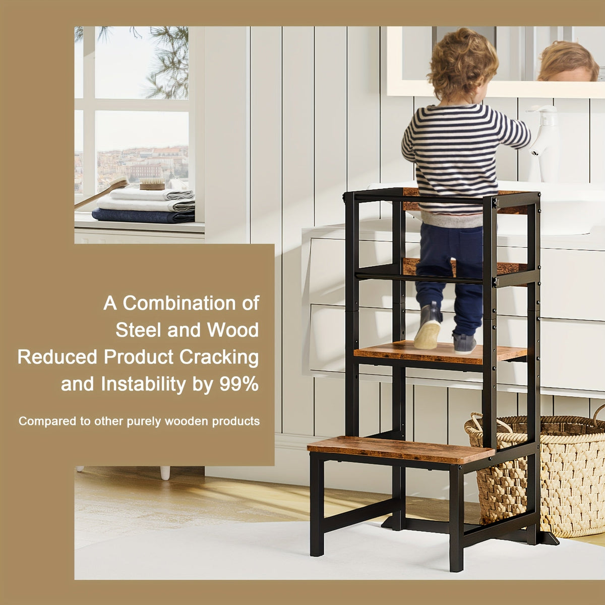 Adjustable Toddler Learning Tower Step Stool with Safety Rail Wooden & Steel Height Adjustable Kitchen Helper for Kids – Brown Black Wood & White