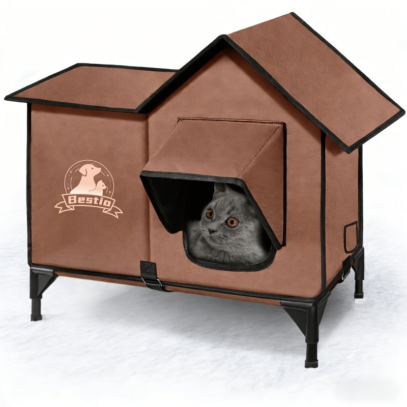 3-in-1 Heated Cat House with Removable Warming Pad & Elevated Bed – Chew-Resistant Cord, Double Door, All-Season Indoor/Outdoor Cat Shelter Cave Condo for Cats, Kittens & Small Dogs