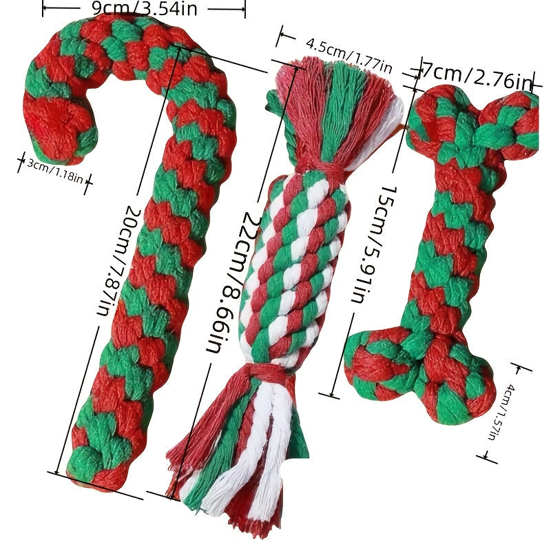 Christmas Dog Rope Toys 3-Pack – Candy Cane Shape Chew-Resistant Tug-of-War Rope Toy Set for Small & Medium Dogs, Durable Teeth Cleaning Knot Toys in Red, White & Green Holiday Colors