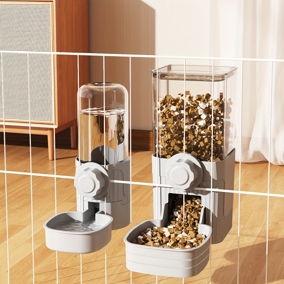 Automatic Hanging Cage Pet Feeder and Waterer Gravity Self-Feeding Drinking Bowl Set for Rabbits, Cats, Dogs, and Guinea Pigs, 40oz Feeder and 17oz Drinker