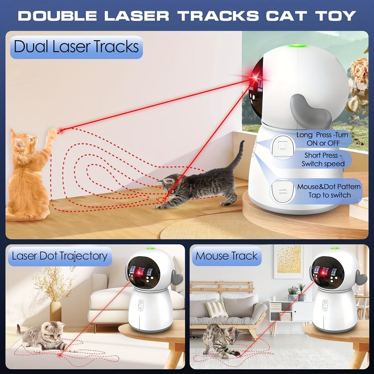 Dual Laser Cat Dog Toy Rechargeable – Auto Motion-Activated Interactive Laser Toy with 3 Speed Modes, 160-Inch Sensor, Adjustable Head for Indoor Cats, Kittens, and Dogs
