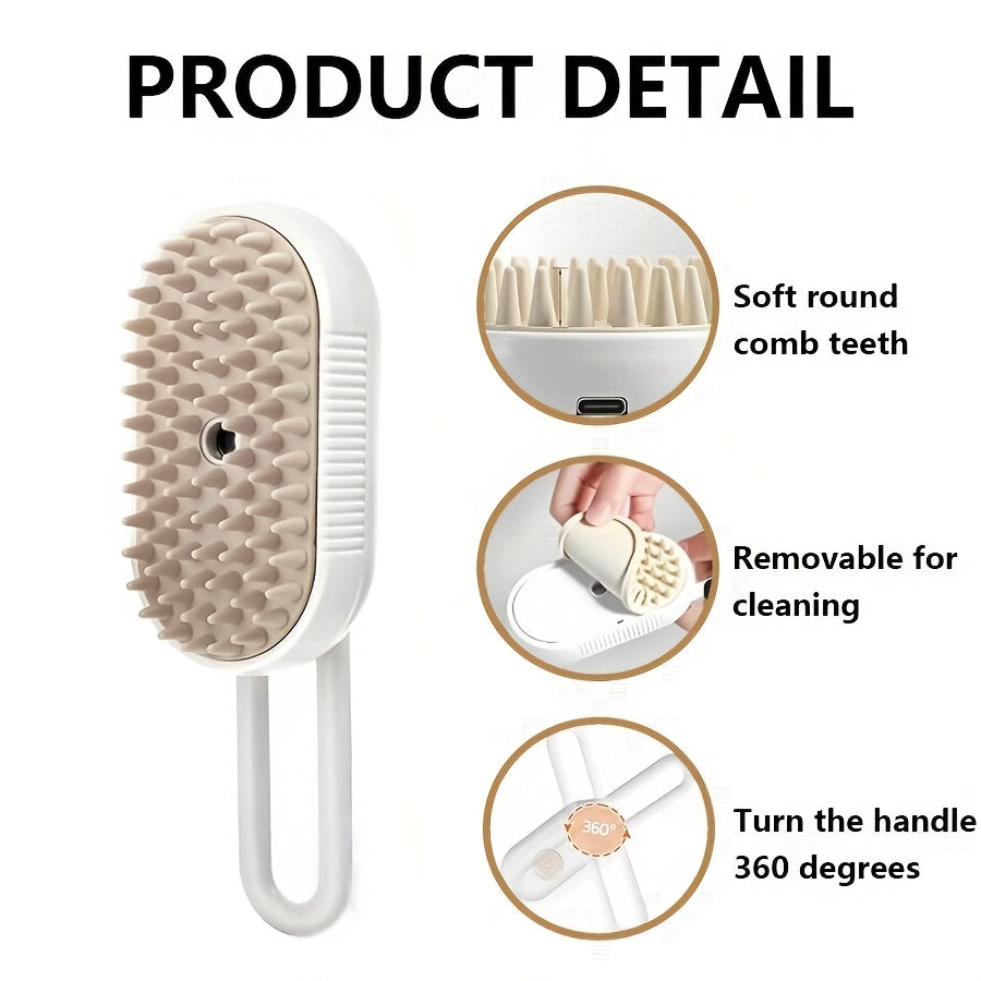 3-in-1 Rechargeable Cat Steam Brush, Self-Cleaning Grooming Comb with Steaming Technology for Detangling and Shedding Removal, USB Rechargeable Pet Grooming Tool with Spray System