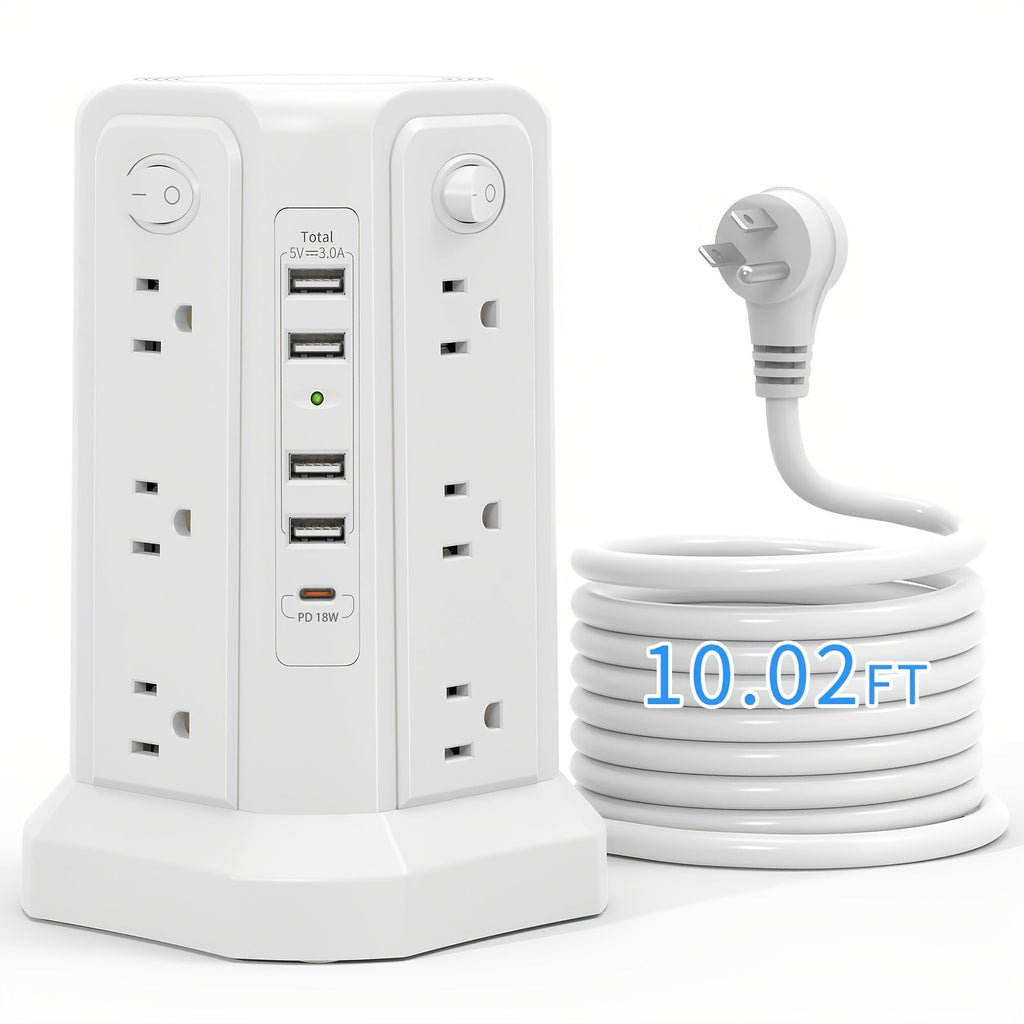 Power Strip Tower, 16 AC Outlets, 5 USB Ports, USB-C PD 20W, 1500J Surge Protector, Flat Plug Desktop Extension Cord