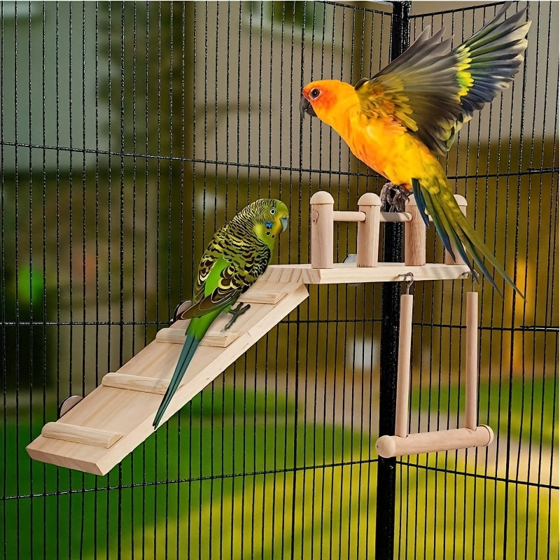 Wood Bird Perch Swing with Climbing Ladder - Multi-Level Radiata Pine Cage Gym Platform for Parrots, Lovebirds, Cockatiels, Chinchillas, and Hamsters - Bird Play Stand, Ladder, Swing, and Cage Accessory