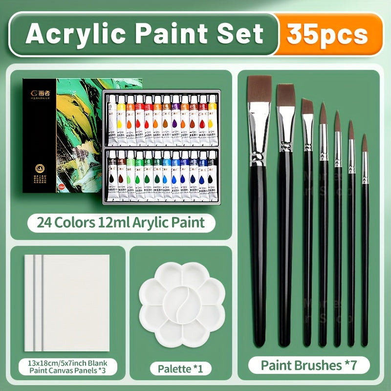 Acrylic Paint Set 36 Colors with 7 Brushes, Palette, and 3 Blank Canvases for Canvas, Rock, Wood, Wall, Ceramic Art, Adults, Students, Hobby, Birthday, Easter Gift