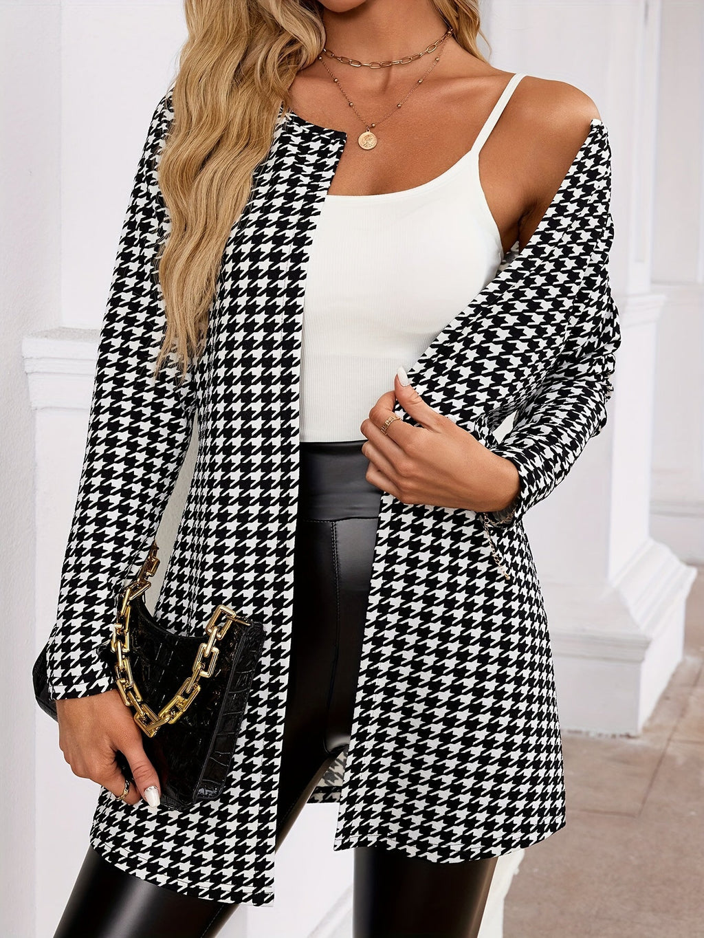 Houndstooth Open Front Cardigan Women's Long Sleeve Loose Coat Spring Fall Fashion Black White Plaid Jacket Casual Streetwear