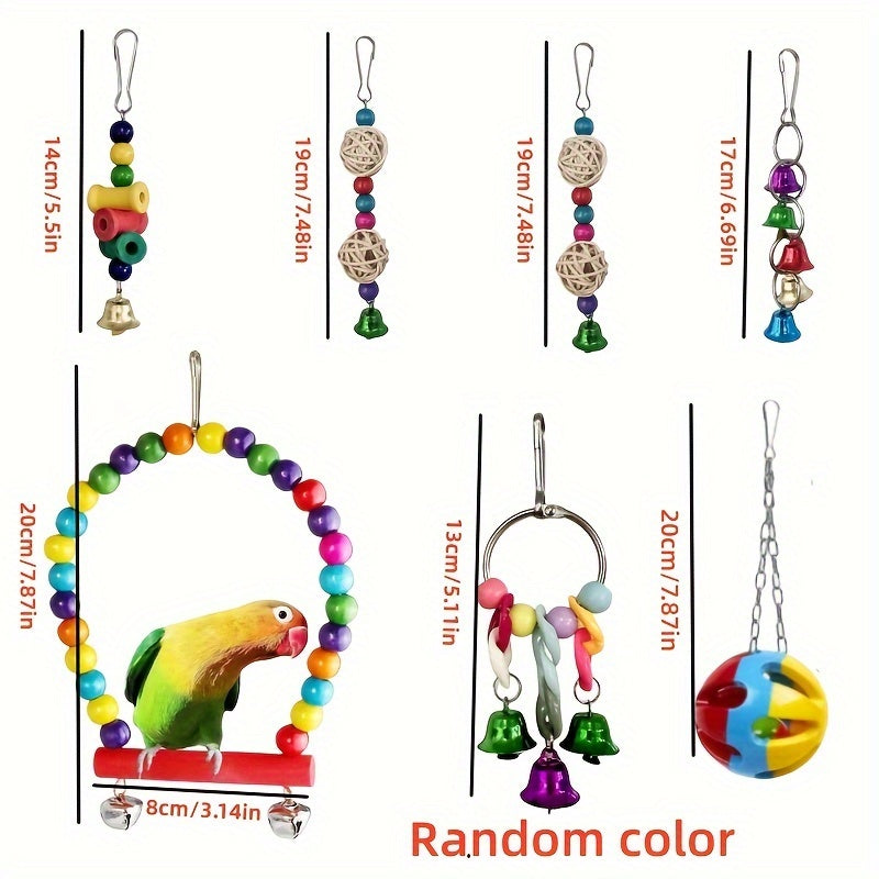 Bird Toy Set: Swing, Climbing Ladder, and Colorful Bells for Small to Medium Parrots, Cockatiels, Budgies, and Parakeets – Educational Chew Toys for Boredom Relief, Random Colors, 3/5/7/10 Pieces