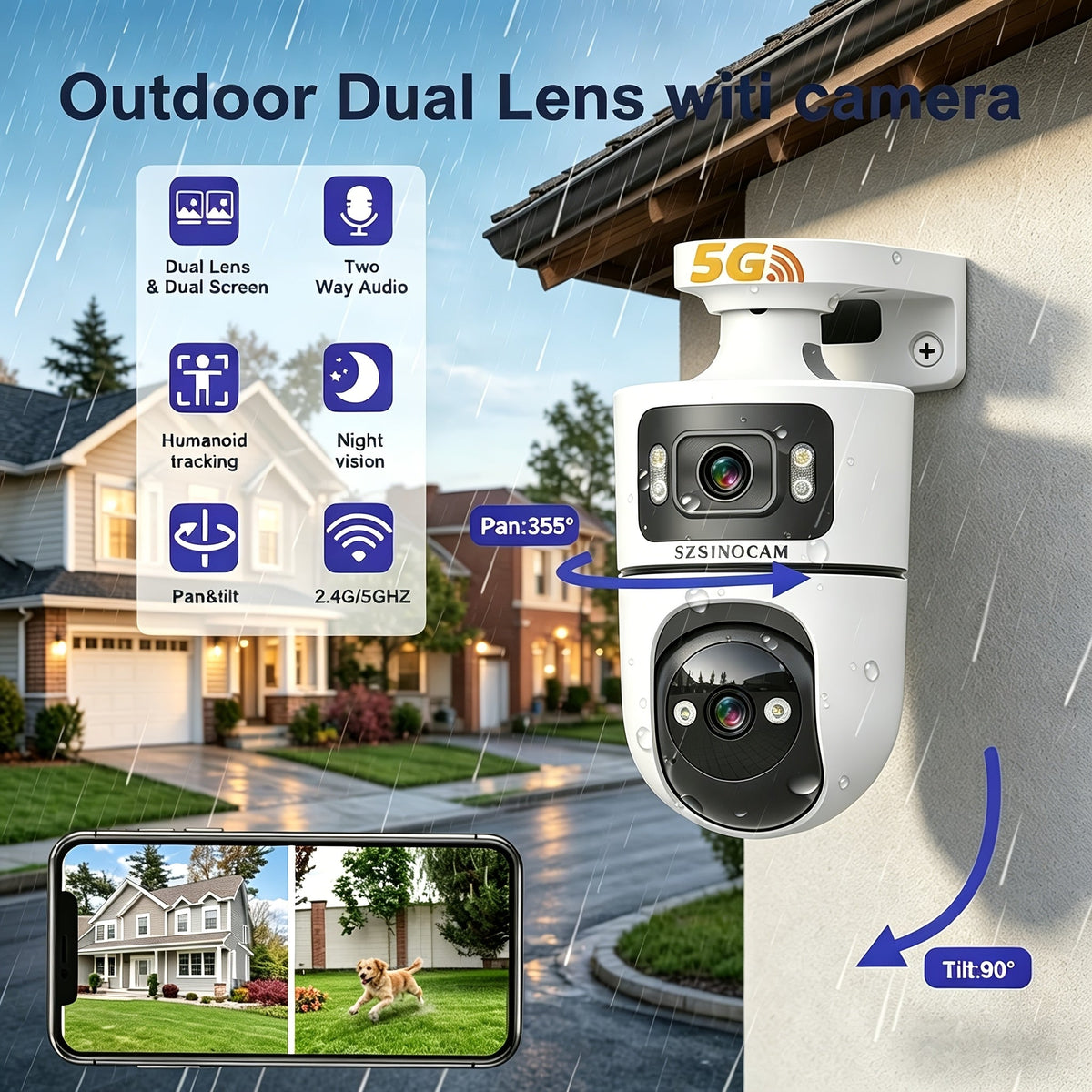 4K Dual Lens WiFi Security Camera Indoor 2.4GHz/5GHz Dual-Band, Color Night Vision, Motion Detection, Tamper Alert, Two-Way Audio – Wireless Home Security Camera Wall Mount