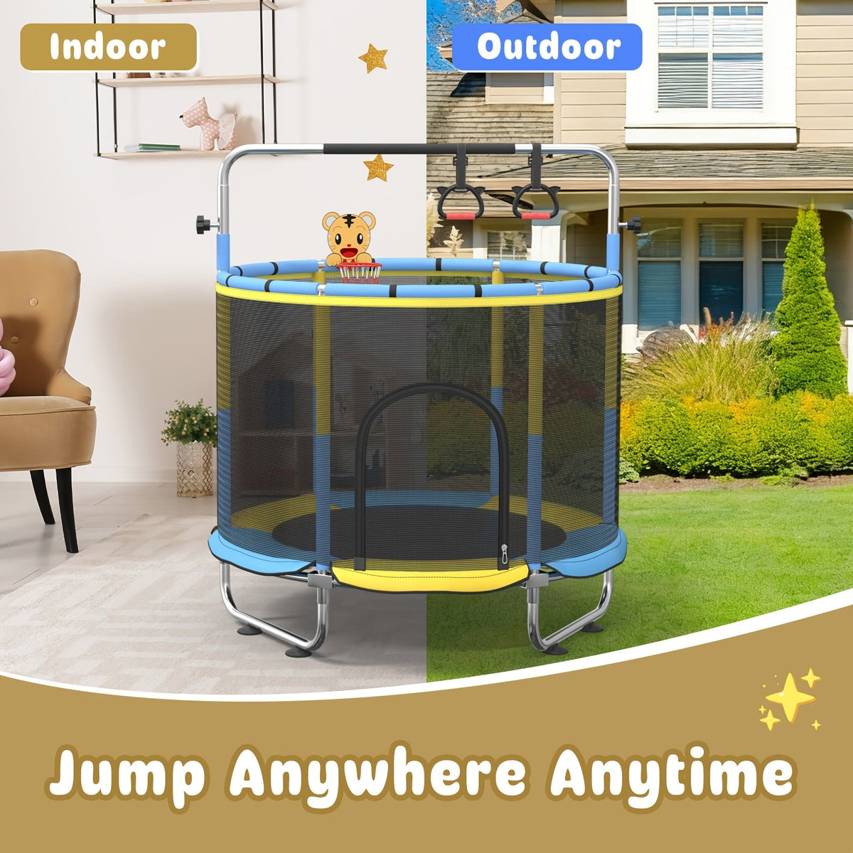 Kids & Adults Trampoline with Safety Enclosure Net, Multi-Functional Leisure Sports Trampoline, Indoor/Outdoor Backyard Jumping Mat, 6 Color Options, Fun Exercise Equipment for Family