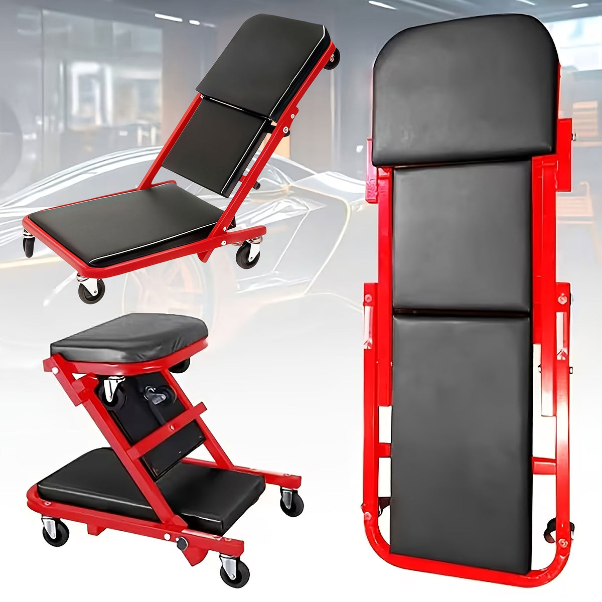 Mechanic Creeper Stool Z-Shape | Foldable 3-in-1 Creeper, Non-Foldable & Sliding Stool | 300LB Capacity, 6 Swivel Casters, Thick Padded Cushion – Garage Rolling Seat, Gift for Men – Red & Grey