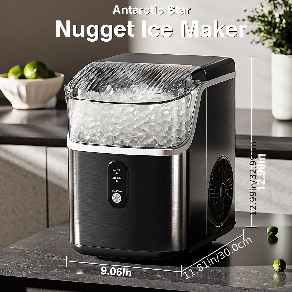 Portable Countertop Ice Maker - Bullet & Nugget Pebble Ice, 26-35 lbs/Day, Self-Cleaning, One-Touch, Sonic Ice Making - Kitchen, Office & Home Bar - Black & Stainless Steel