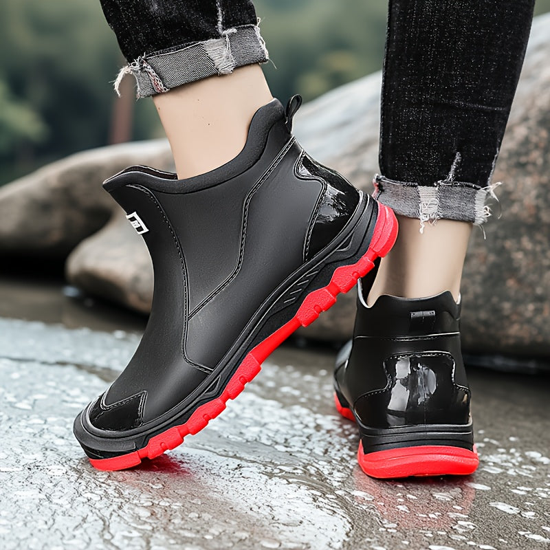 Lightweight Non-Slip Short Ankle Rain Boots for Men and Women, Cushioned Insoles, Breathable Lining, Textured Anti-Slip Sole, Fashionable Unisex Couple Rain Boots for Car Washing and Outdoor Activities, Black/Beige, US 5.5-12