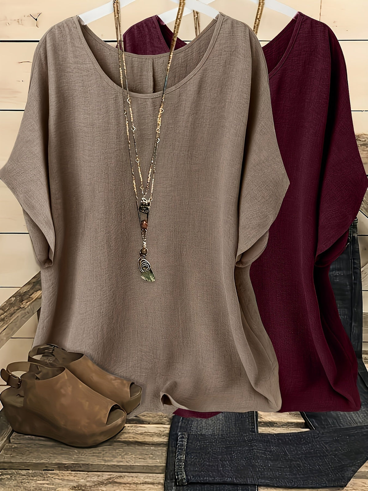Women's Batwing Sleeve Shirt 2-Piece Set, Casual Vacation Round Neck Solid Color Loose Top, S-XXL, Multiple Colors | US Warehouse Fast Shipping