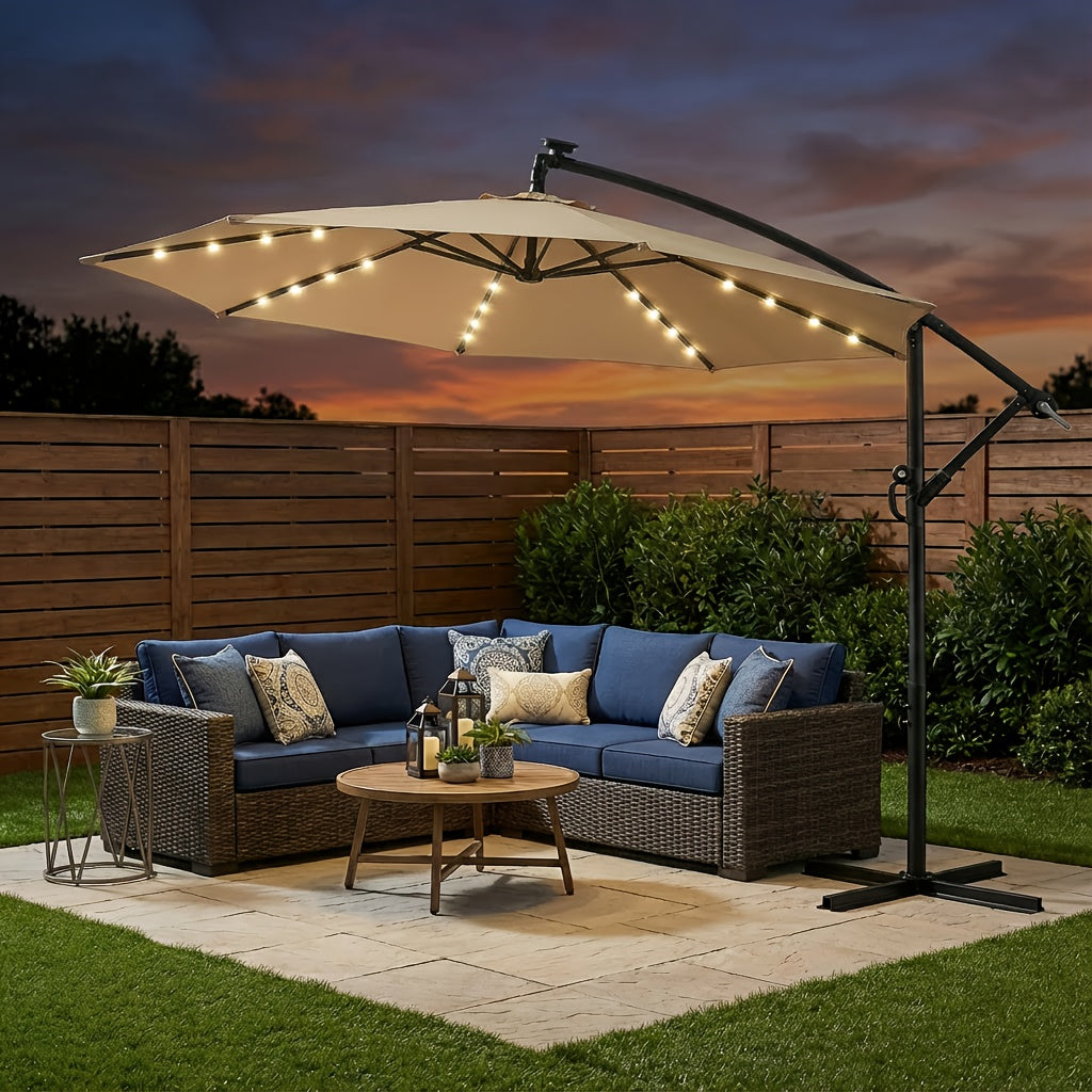 10ft Solar LED Offset Cantilever Patio Umbrella, UPF50+ UV Protection, Easy Tilt & Crank, Heavy-Duty Outdoor Market Umbrella, Sun Shade for Garden Deck Backyard Pool (Base Not Included)