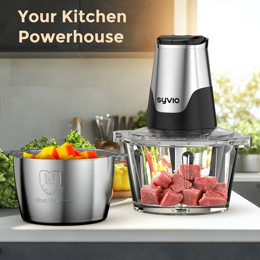 Syvio Food Processor 450W with 2 Bowls & 4 Bi-Level Blades - Mini Electric Meat Grinder & Vegetable Chopper, 2 Speeds, 8-Cup Capacity, for Baby Food Onion Garlic - Black