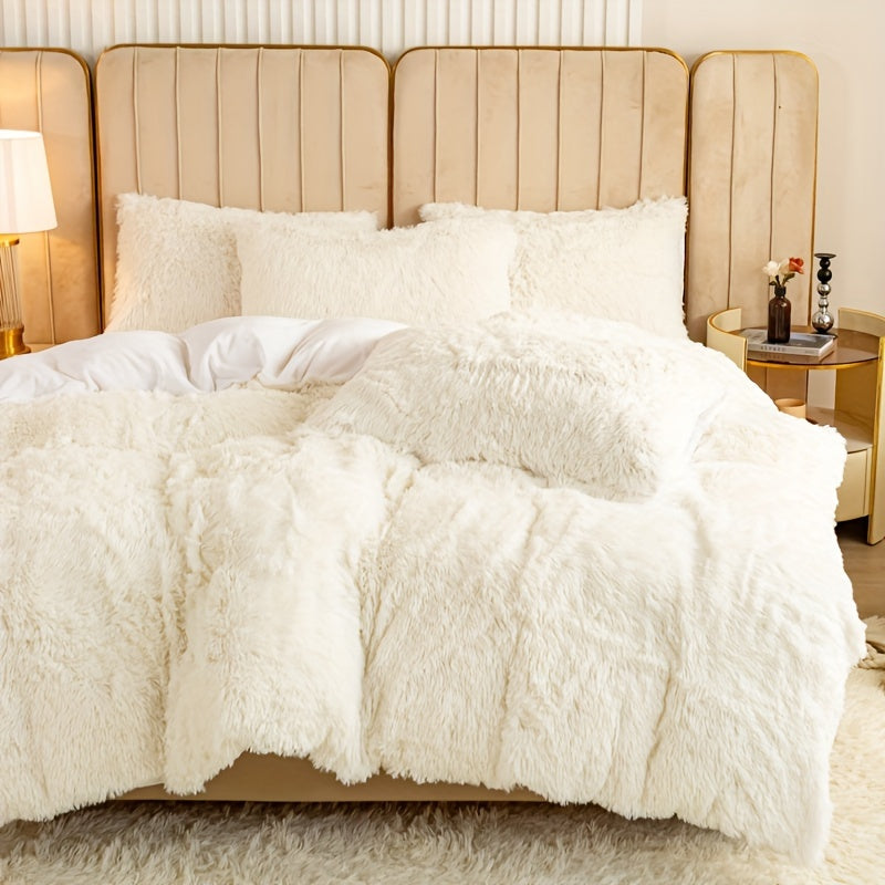 Plush Duvet Cover Set 3 Piece, Long Hair Knitted Polyester, Solid Color Fuzzy Comforter Cover with Zipper Closure, All-Season Soft Cozy Bedding Set for Bedroom, Multiple Colors Available