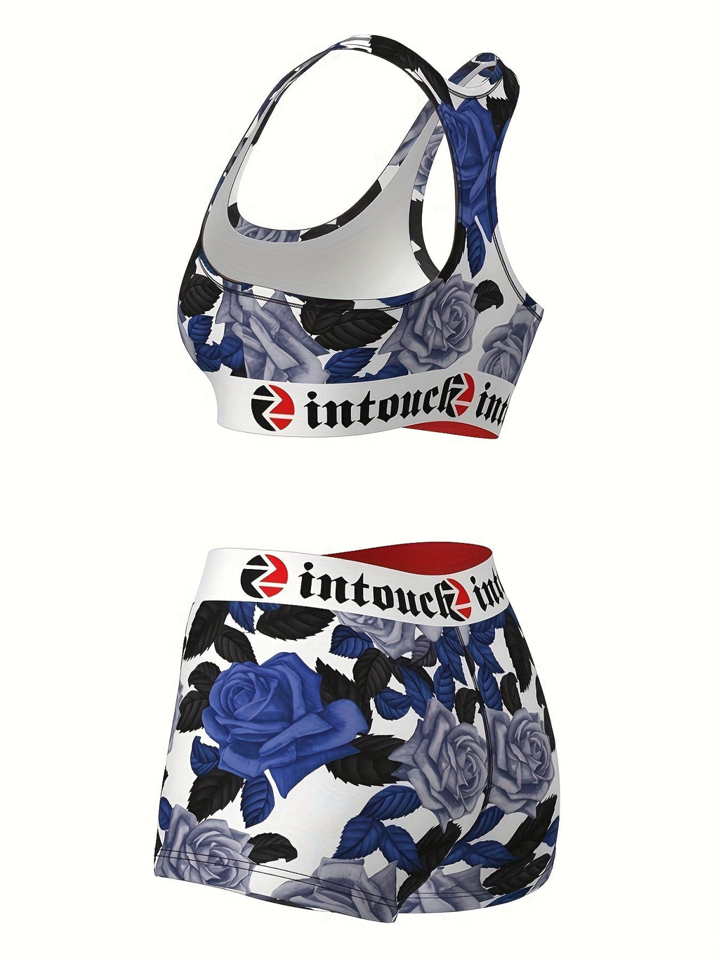 Women's Blue Rose Floral Print Sports Bra & Shorts 2-Piece Set – Stretchy Activewear for Gym, Yoga, Running, and Fitness; Matching Loungewear for Teens; Summer Festival Vintage Style