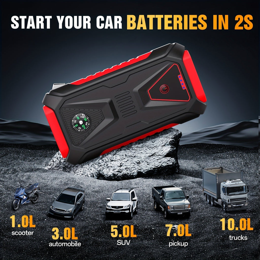 5000A Peak Jump Starter, 12V Portable Car Battery Starter for Gas & Diesel Engines – LED Flashlight, SOS Light, Safety Hammer, Compass & USB Power Bank, 74Wh Lithium Battery