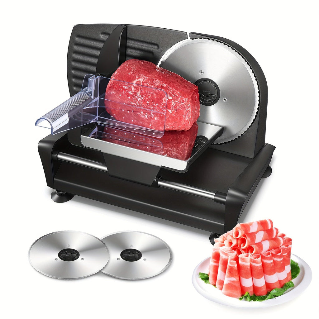 200W Electric Meat Slicer for Home Use – 2 Removable 7.5" 304 Stainless Steel Blades (Serrated + Non-Serrated), 0–15mm Thickness Control, Die-Cast Aluminum, Food Carriage Included, Black or Silver – Nova Mart