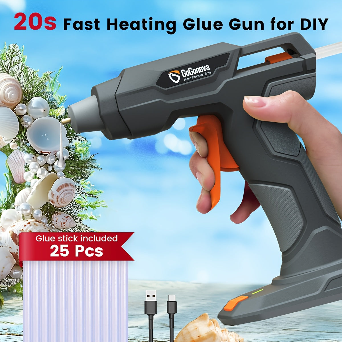 Cordless Hot Glue Gun, USB Rechargeable with 25 Glue Sticks – 20-Second Fast Heating, Anti-Drip Safety Design for DIY Crafts, Home Repairs, Plush Toy Restoration, and Handmade Projects – Pink, Grey, Blue