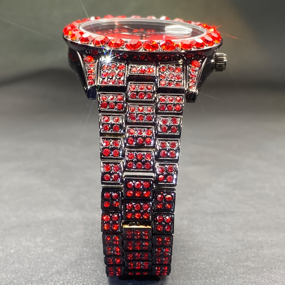 Rhinestone Couple's Watch Set, Luxury Quartz Movement with Calendar and Luminous Display, Red and Ice Blue Rhinestone Fashion Party Gift Watches for Men and Women