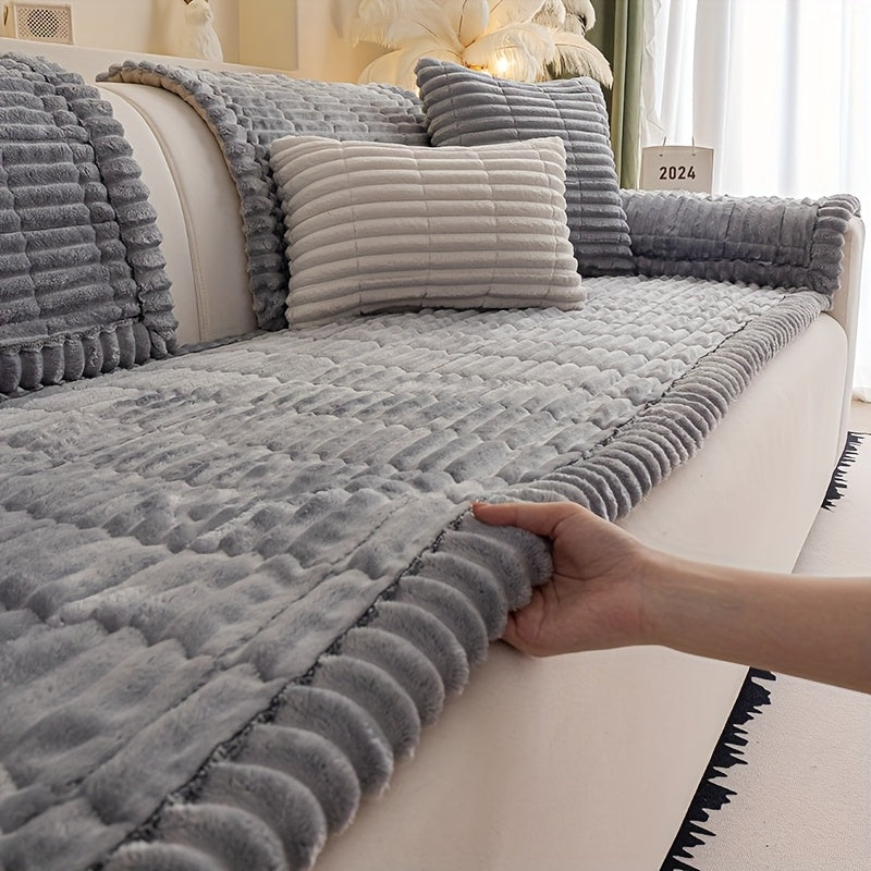 Bohemian Plush Thickened Sofa Cover with Ruffled Trim - Pet-Friendly Home Protection - Single Seat, Loveseat, 3-Seater & 4-Seater - Off White, Khaki, Light Grey & Deep Gray