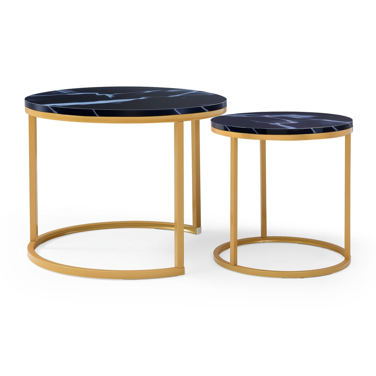 Nesting Coffee Table Set of 2 – Modern Faux Marble Round Tables with Gold Frame Space-Saving Living Room Furniture in White Gray Black Walnut