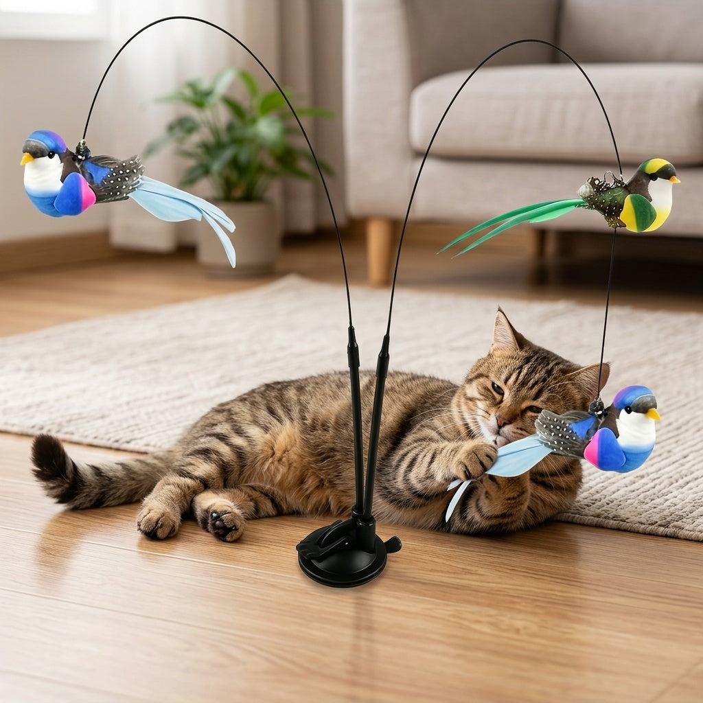 Interactive Cat Feather Bird Teaser Toy with Suction Cup Base – Hands-Free Dual-Rod Cat Wand Toy, Battery-Free Indoor & Outdoor Cat Toy, Non-Toxic Polyester, 2 Artificial Birds Included, Mixed Colors
