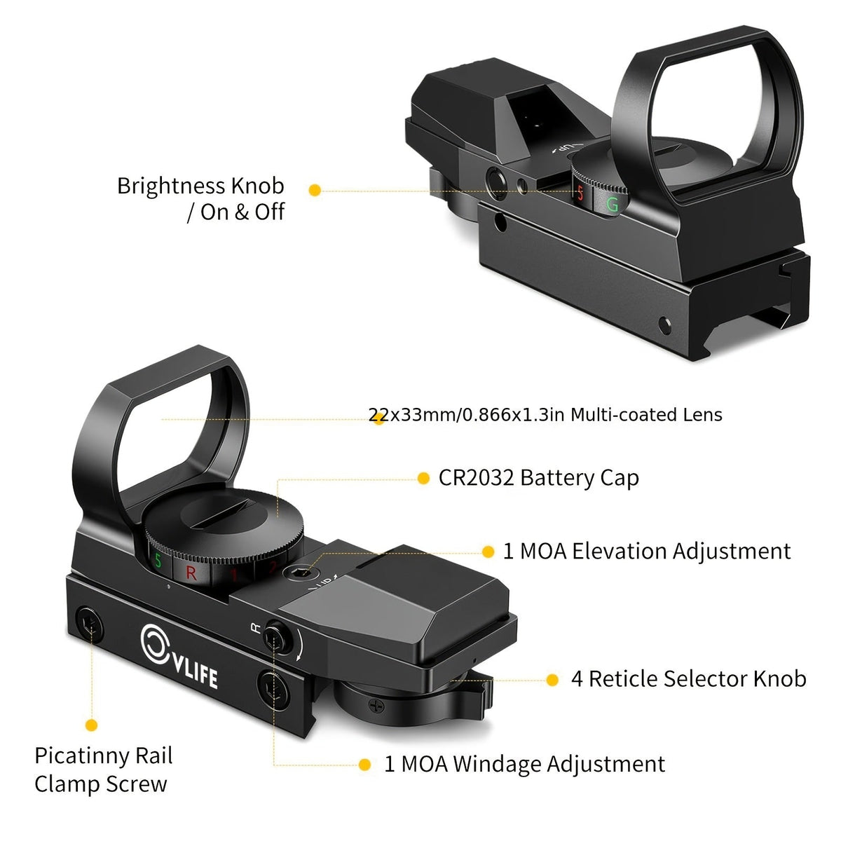 1x22x33 Red and Green Dot Sight with 20mm Picatinny Rail - 4 Reticles, 5 Brightness Settings, Wide Field of View Scope for Rifles and Shotguns