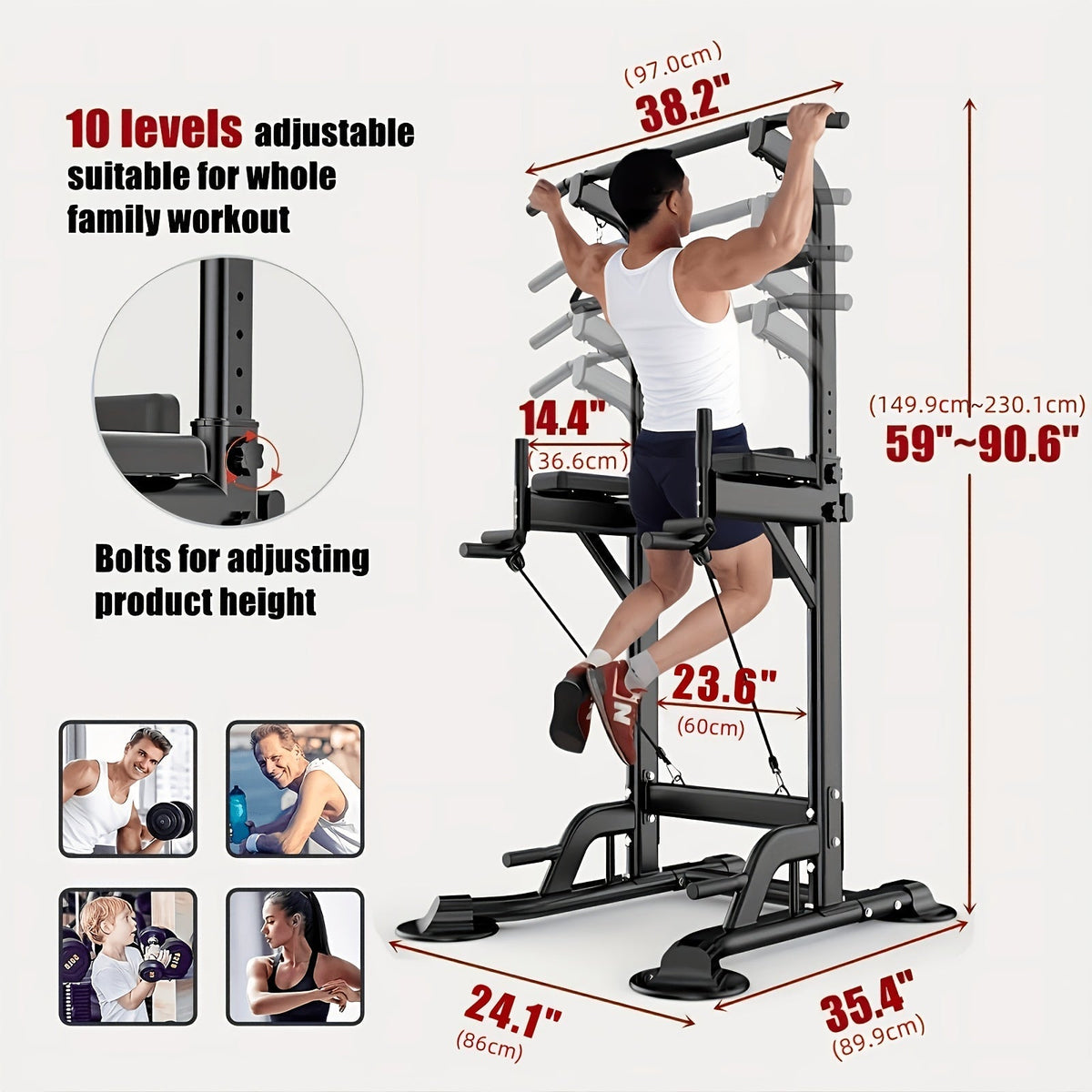 Power Tower Pull Up Bar Dip Station – Adjustable Height 50"-90.6", 330LBS Multi-Function Strength Training Equipment for Men & Women Home Gym, Free Elastic Bands Included