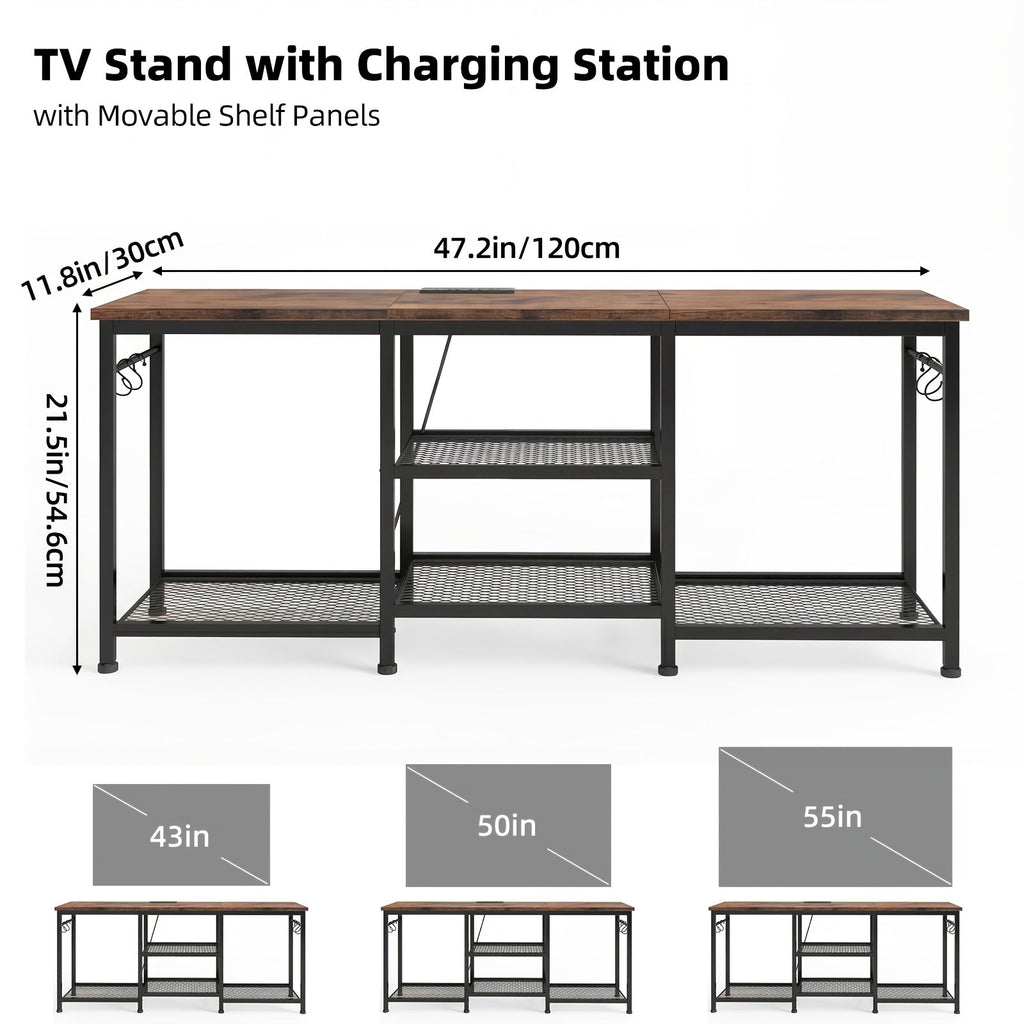 TV Stand with LED Lights for 32–55 Inch TVs – Industrial Entertainment Center Open Shelves Fabric Drawer Wood & Metal Media Console for Living Room Bedroom in Brown & Black