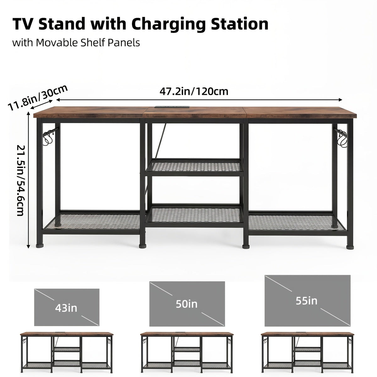 TV Stand with LED Lights for 32–55 Inch TVs – Industrial Entertainment Center Open Shelves Fabric Drawer Wood & Metal Media Console for Living Room Bedroom in Brown & Black