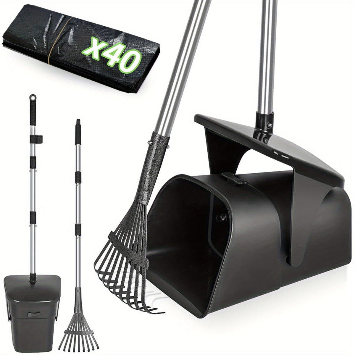 Heavy Duty Dog Pooper Scooper Set with Swivel Bin, Rake & Spade – Long Handle Pet Waste Removal Tool for Grass, Dirt & Gravel, Includes 40 Waste Bags, Great for Large Dogs