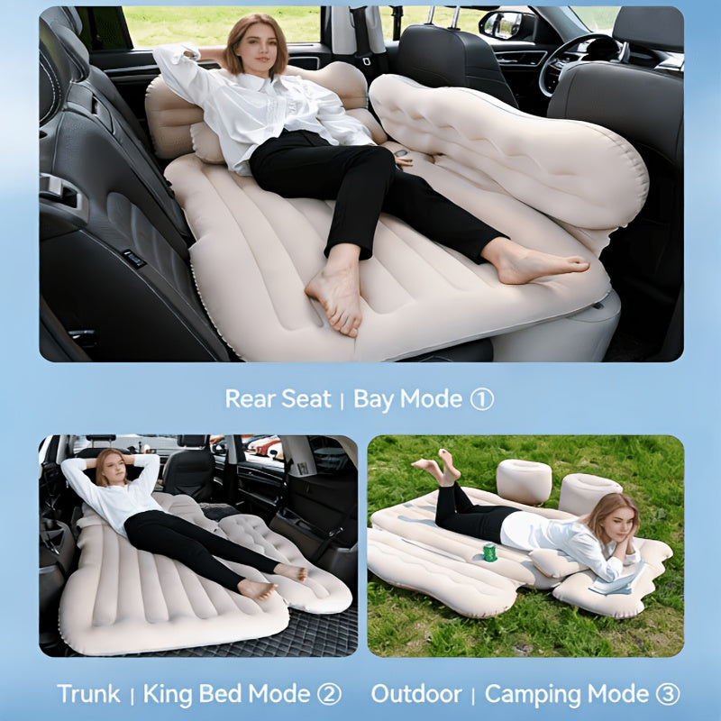 SUV Sedan Car Inflatable Bed, Soft Flocked Back Seat Air Mattress, Foldable & Portable Sleeping Mat for Camping, Road Trips, and Picnics – Includes Air Pump & Storage Bag, Black Grey Beige Pink