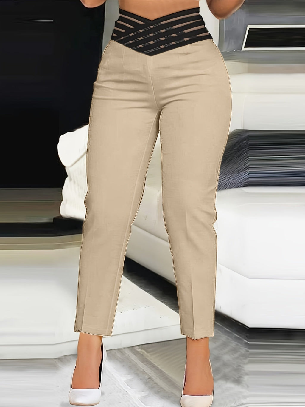 Women's High-Waisted Pencil Pants with Fabric Belt Solid Color Cropped Ankle Trousers - Slim Fit Work Office Casual Pants for Spring Fall All Seasons