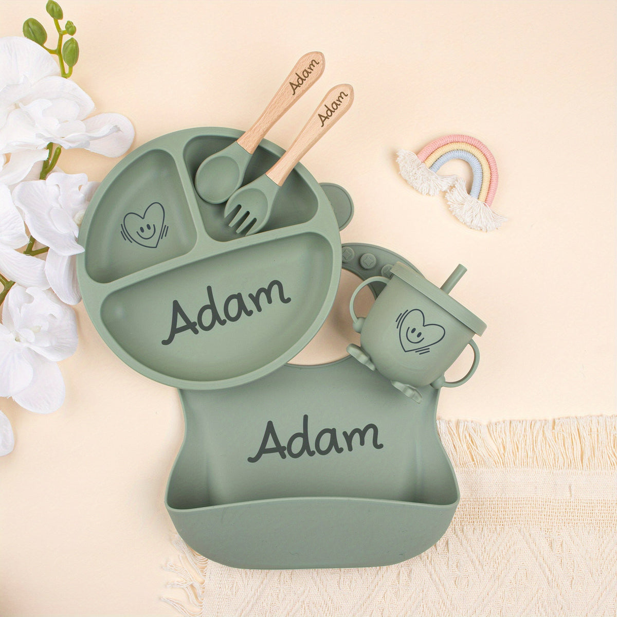 5-Piece Personalized Laser-Engraved Silicone Baby Weaning Set, Custom Name Baby Plate & Cartoon Toddler Feeding Set for Kids, Baby Shower, Christmas & Halloween Gift, Beige, Pink & Gray