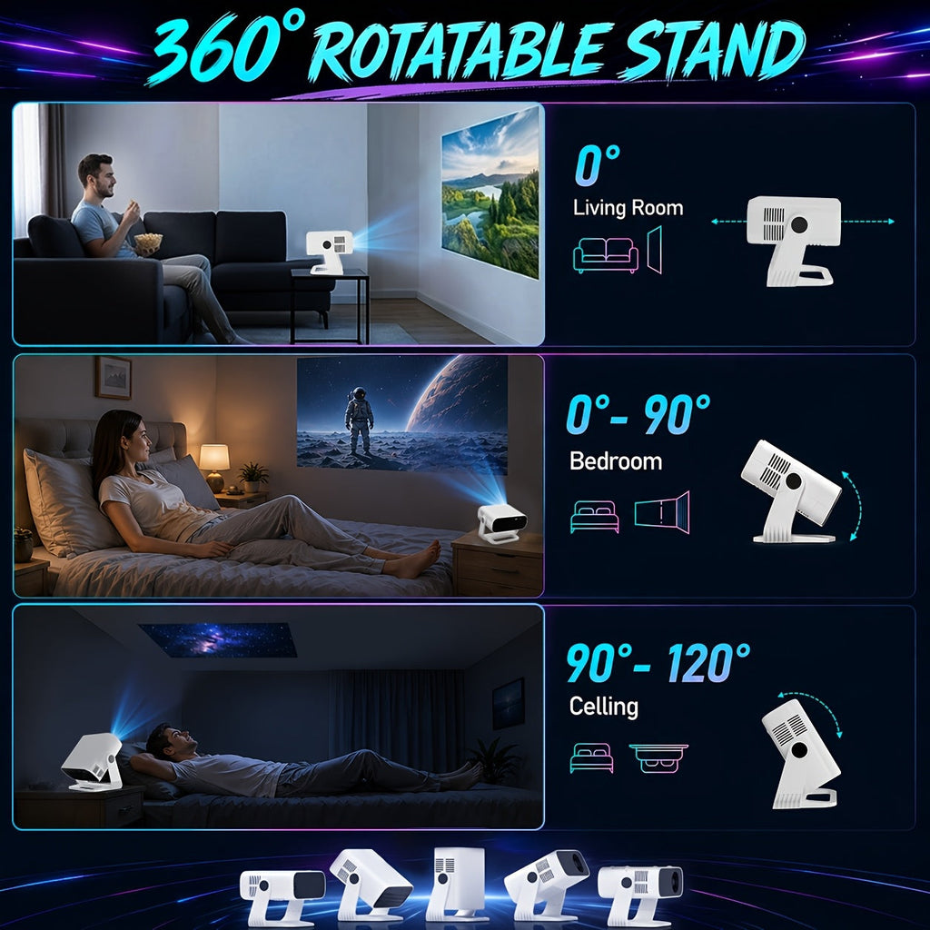 Mini Movie Projector 4K Support Native 1080P – Built-In WiFi 6 & Bluetooth 5.4 Auto Keystone Correction & Zoom for Bedroom Home Theater Outdoor