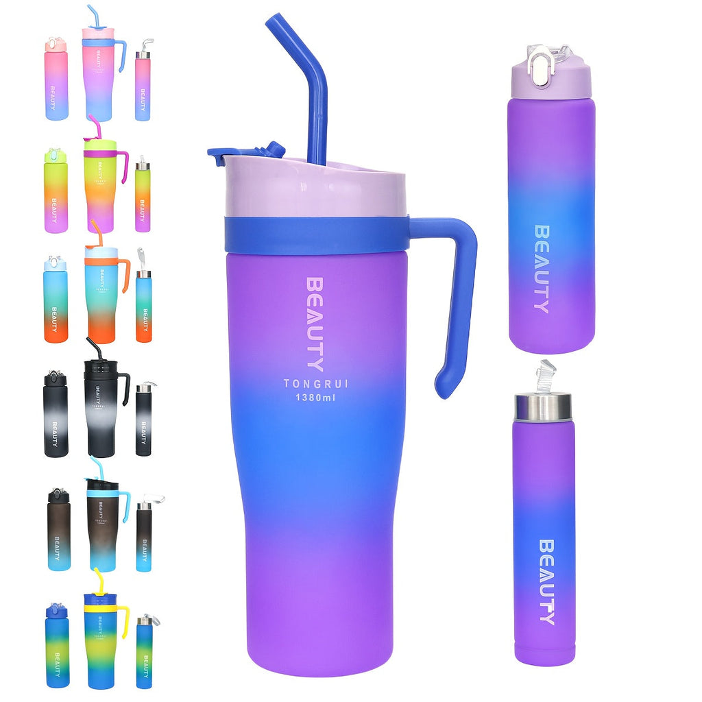 BPA-Free Gradient Water Bottle 5-Piece Set with Straw & Spill-Proof Lid - 46oz, 27oz, & 9oz Leak-Proof Sports Bottles for Gym, Travel, and Outdoor Use