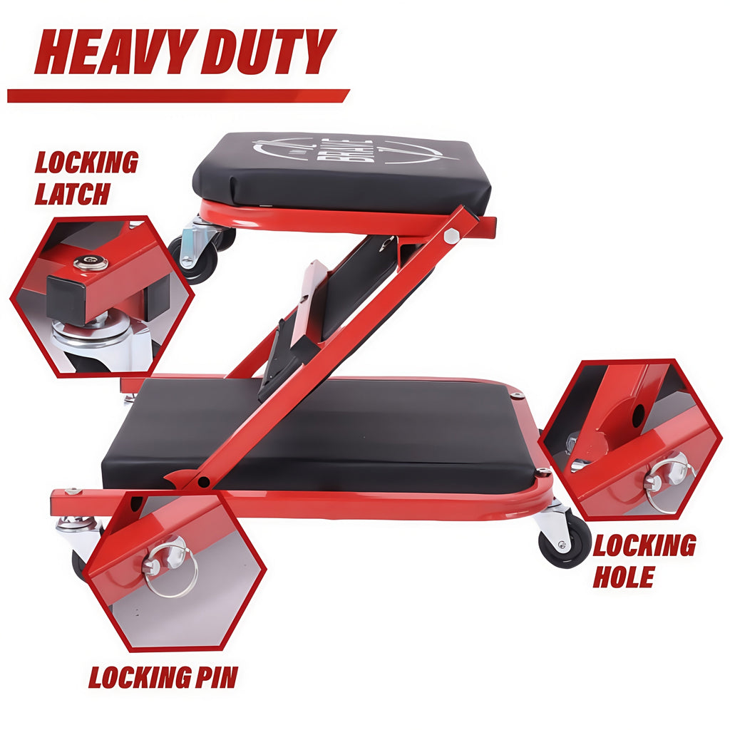 36-Inch Heavy-Duty 3-in-1 Folding Mechanic Creeper with Adjustable Z-Seat - 6 Lockable Swivel Casters, 350-650 Lb Capacity, Vinyl Padded Seat & Headrest, Professional Automotive Repair Crawler