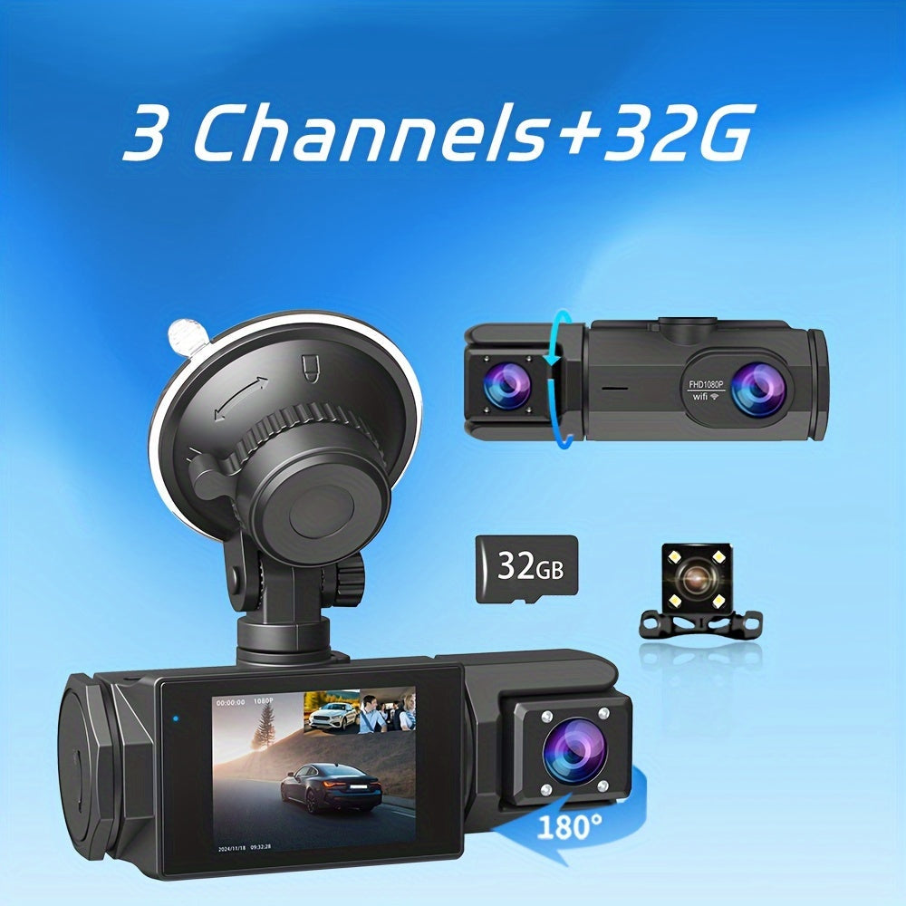 WiFi Dash Camera 2/3 Lens 170° Wide Angle Night Vision Loop Recording G-Sensor 2.0" IPS Screen with 32GB Memory Card - Front and Rear Car Camera