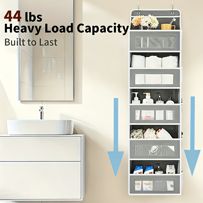 5-Layer Behind-Door Storage Rack - 44LB Load-Bearing, No-Drill Anti-Tilt Hanging Organizer - Multifunctional Plastic Storage for Bedroom, Bathroom, Kitchen & Wardrobe - Grey