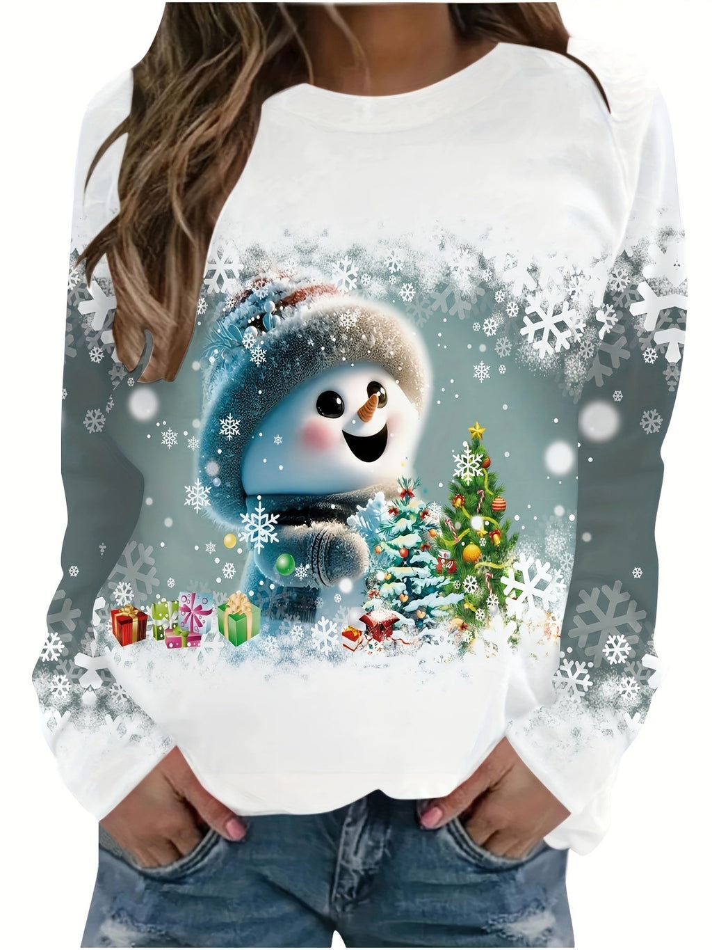 Women's Christmas Print Crew Neck Long Sleeve Loose Pullover Sweatshirt Holiday Festive Casual Tops US Warehouse