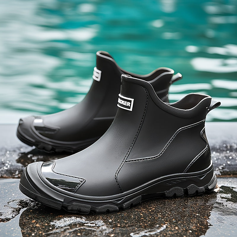 Lightweight Non-Slip Short Ankle Rain Boots for Men and Women, Cushioned Insoles, Breathable Lining, Textured Anti-Slip Sole, Fashionable Unisex Couple Rain Boots for Car Washing and Outdoor Activities, Black/Beige, US 5.5-12