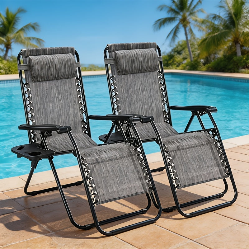 2-Pack Zero Gravity Chairs – Breathable Fabric Adjustable Reclining Outdoor Lounge Chair with Cup Holder Tray & Headrest Pillow for Beach Camping Poolside Backyard & Garden in Black Blue Grey & Khaki