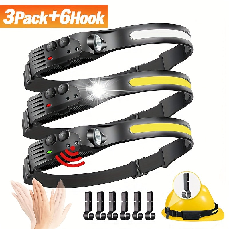 3-Pack Rechargeable 230° Wide Beam COB LED Headlamp with Motion Sensor, 5 Modes, and 6 Hooks – Bright Headband Flashlight for Camping, Hiking, Work, and Hard Hats (Single/Dual/Triple Strip)