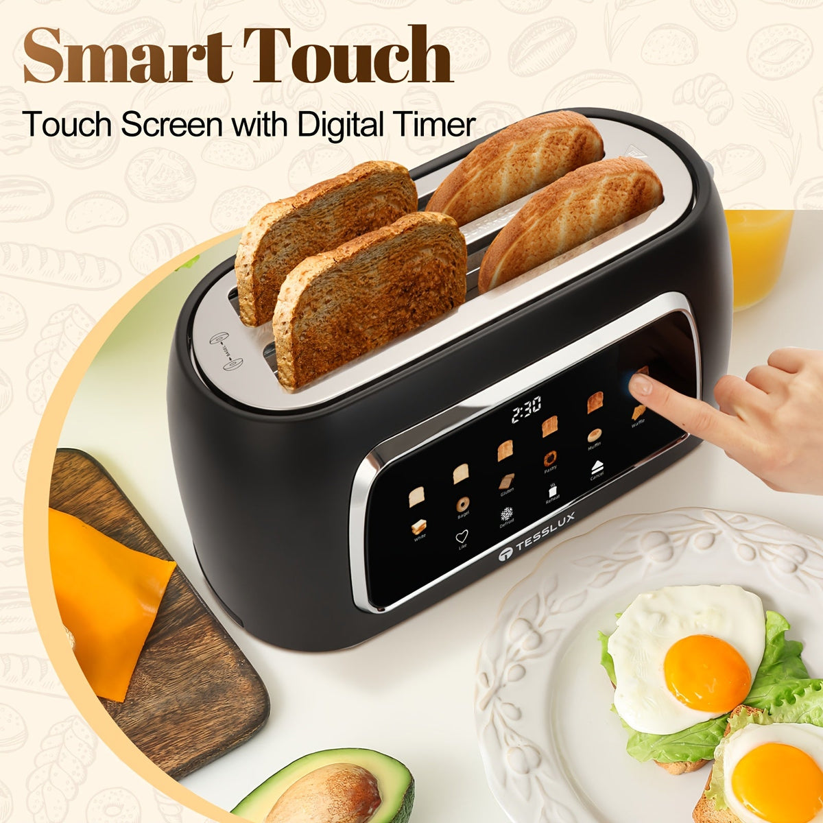 TESSLUX 4-Slice Toaster - Touchscreen Control, 1.5" Wide Long Slots, 6 Browning Levels, 6 Bread Types, Digital Timer, Memory, Defrost & Reheat - White, Black & Silver